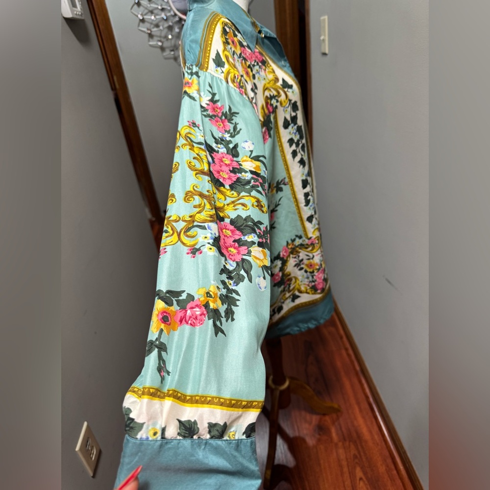 Elegant Vintage Floral Silk Blouse - Teal & Multicolor size L - Picture 5 of 13